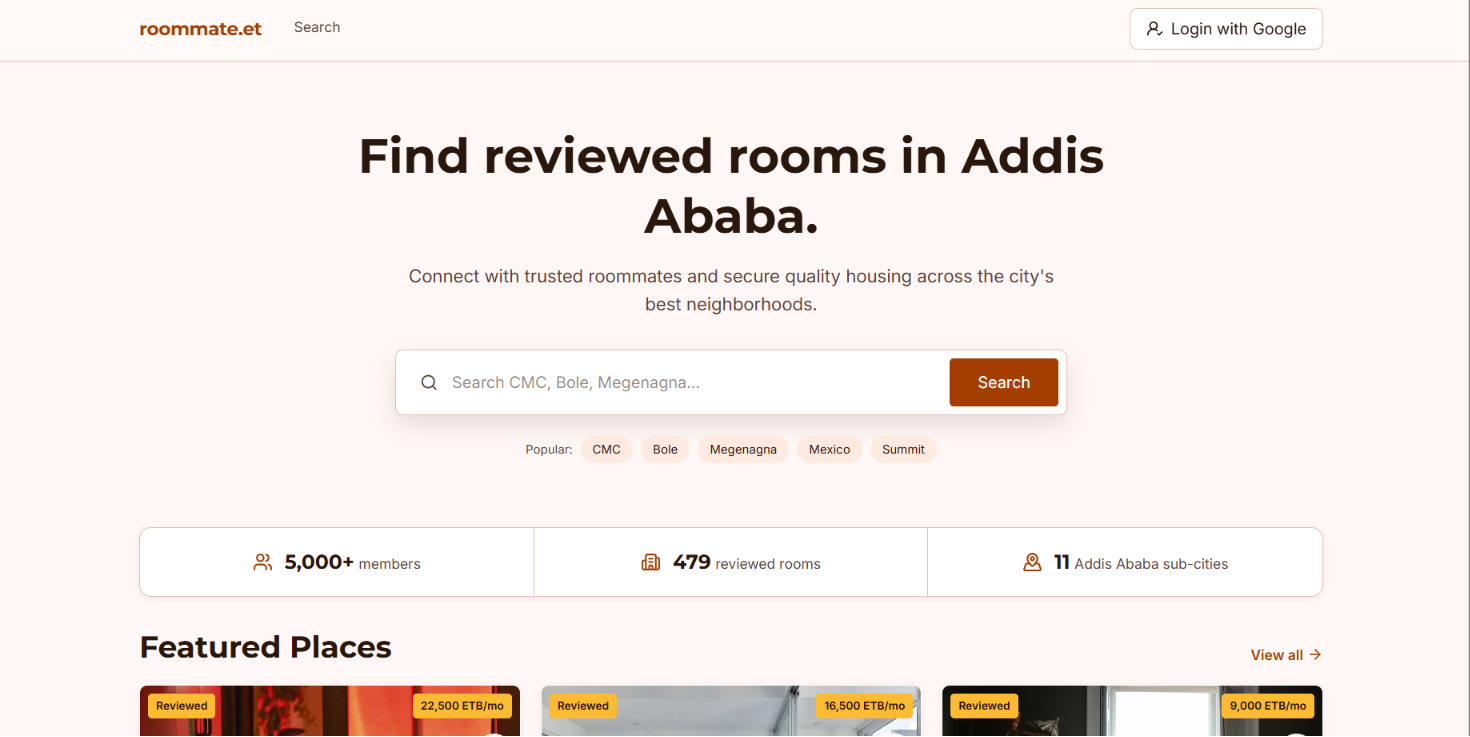 Roommate.et marketplace for finding reviewed rooms in Addis Ababa