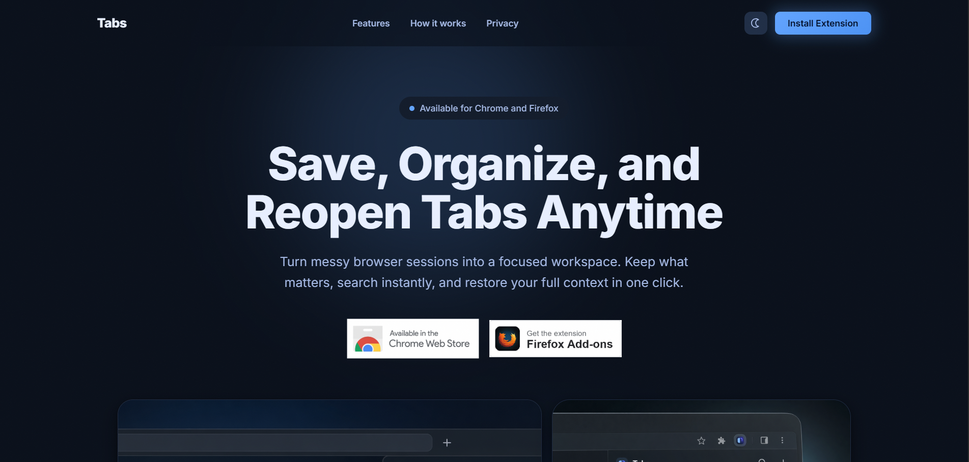 Tabs Chrome extension for saving and organizing browser sessions